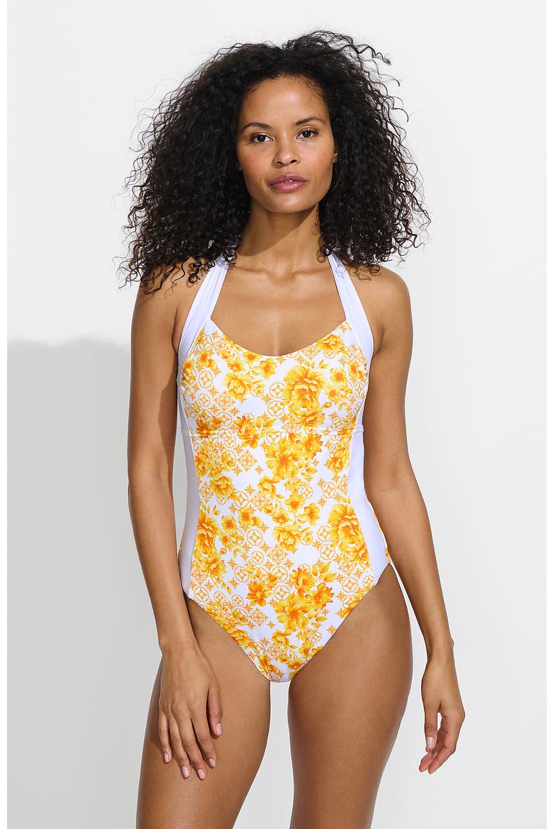 Halter Cut Out High Leg One Piece Swimsuit, Main, color, Yellow Mosaic Floral/White