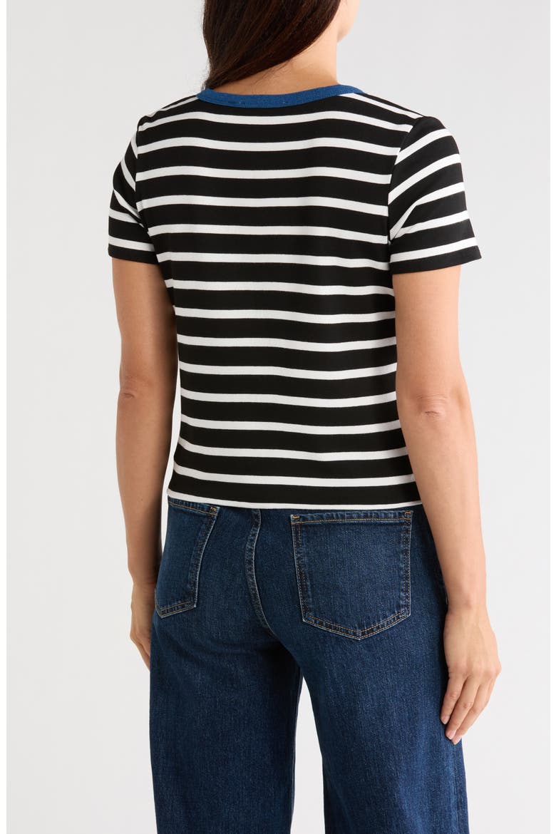 Contrast Trim Short Sleeve Stripe Cardigan, Alternate, color, BLACK/ BONE MEDIUM WASH