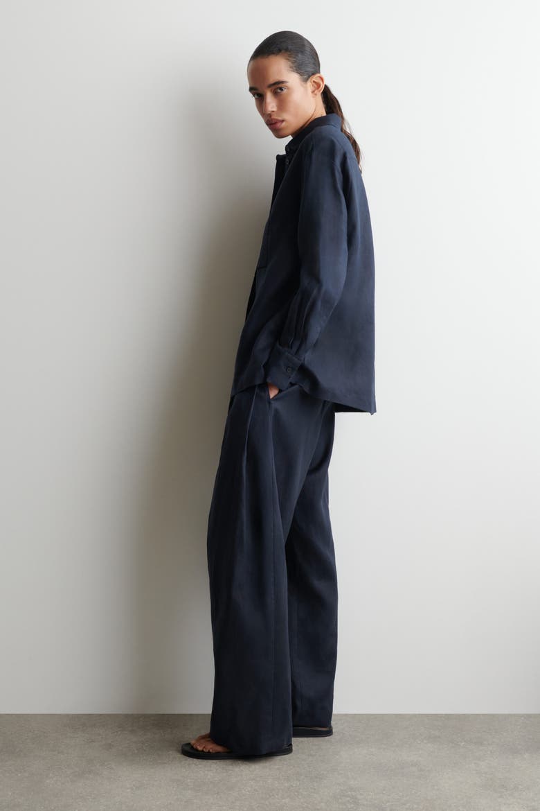 Embroidered-detail Linen Shirt, Alternate, color, NAVY