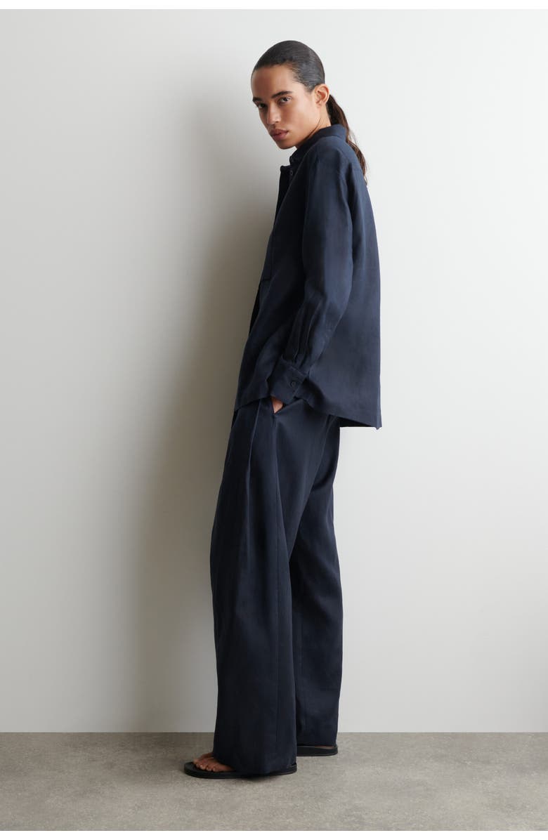 COS Embroidered-detail Linen Shirt, Alternate, color, Navy