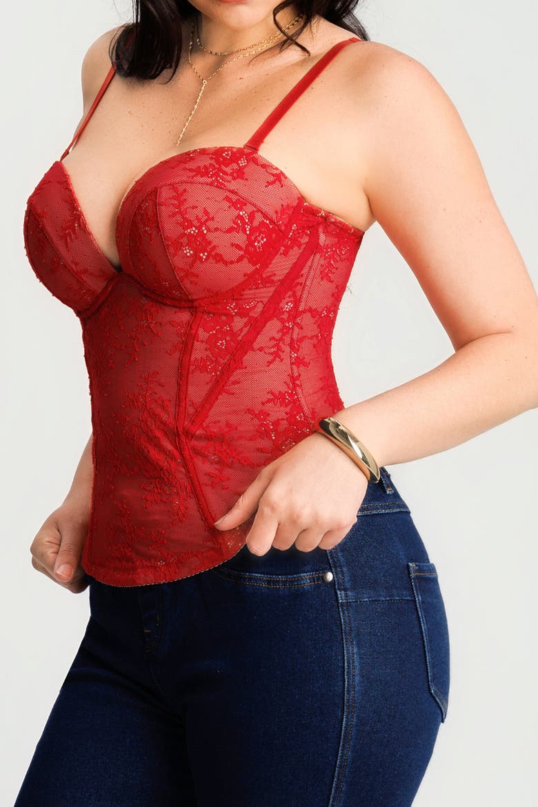 Underwire Snatched Push-Up Lace Flora Convertible Strap Corset Bustier, Alternate, color, Rouge