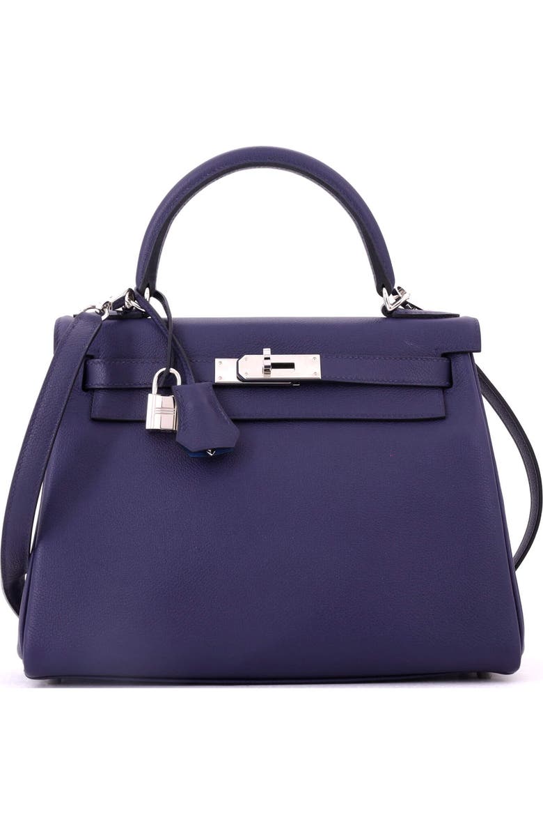 Pre-Owned Hermes Kelly Handbag Verso Evercolor with Palladium Hardware 28, Main, color, Verso-Bleu Encre/Bleu Zellige
