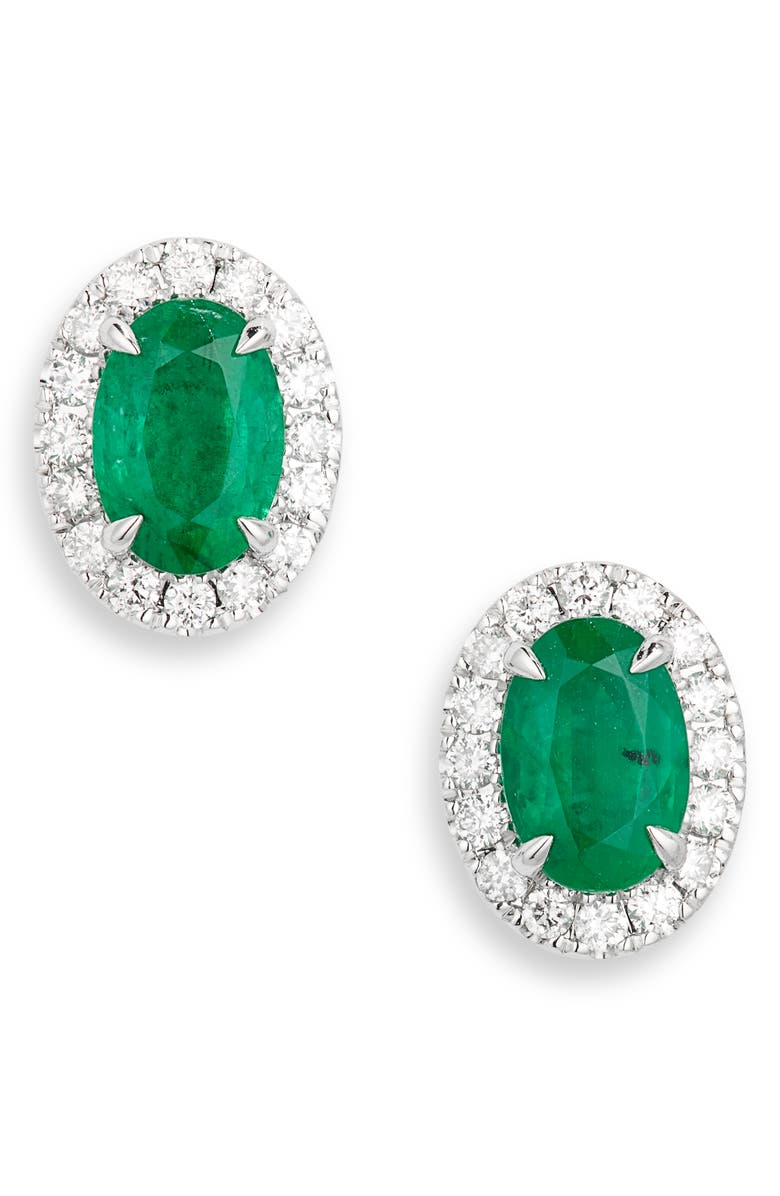 VALANI ATELIER Emerald & Diamond Halo Stud Earrings, Main, color, 14K White Gold