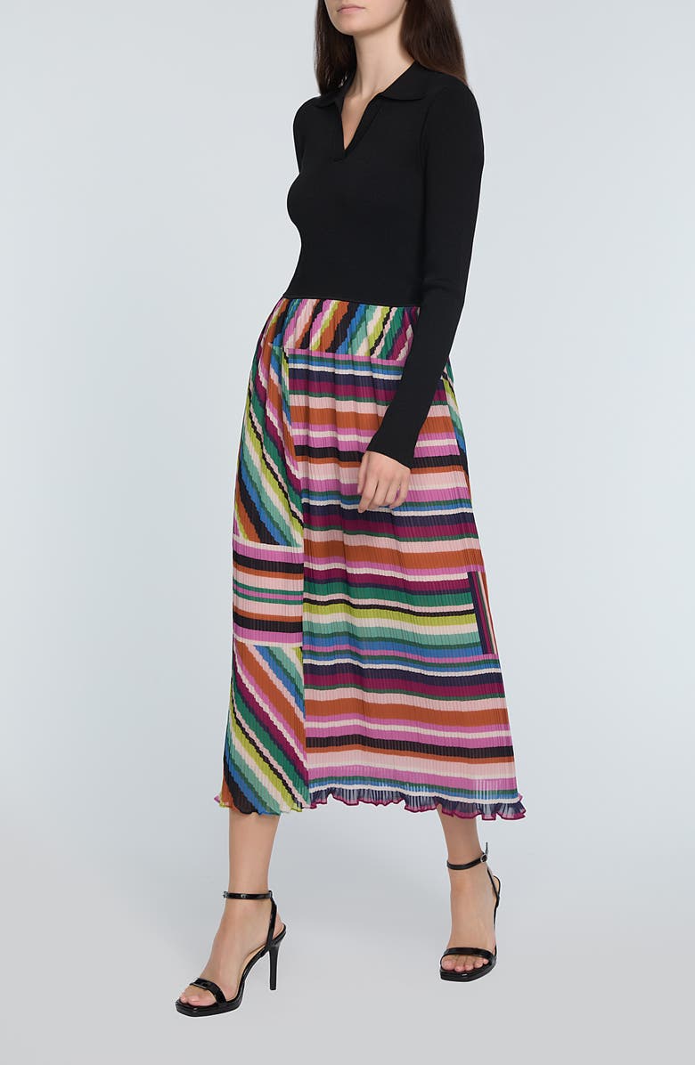 Elie Tahari The Maeve Mixed Media Long Sleeve Midi Dress, Alternate, color, Noir With Venus Stripe