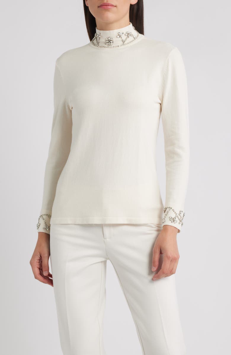 Anne Klein Embellished Mock Neck Sweater, Main, color, White Dove