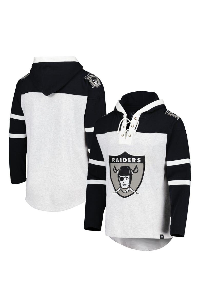 '47 Men's '47 Las Vegas Raiders Heather Gray Historic Logo Gridiron Lace-Up Pullover Hoodie, Main, color, Gray