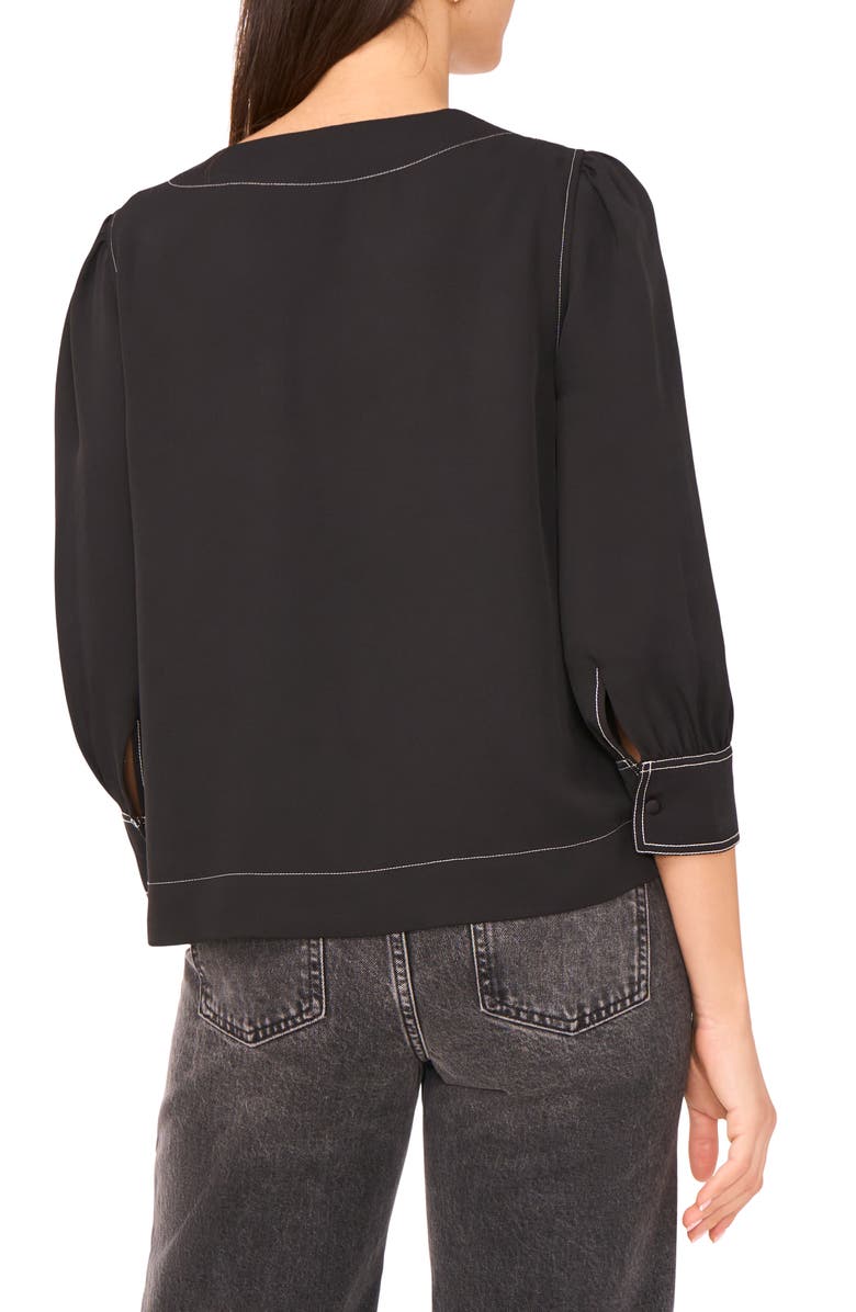 Vince Camuto Topstitched V-Neck Woven Top, Alternate, color, 