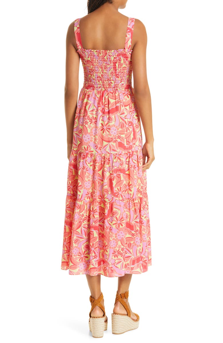 Nicole Miller Smocked Floral Silk Blend Midi Dress, Alternate, color, 
