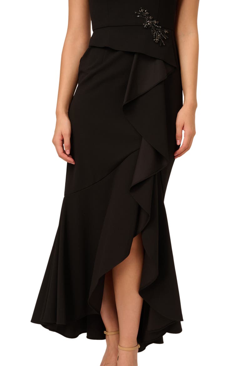 Beaded Appliqué Ruffle Crepe Gown, Alternate, color, BLACK