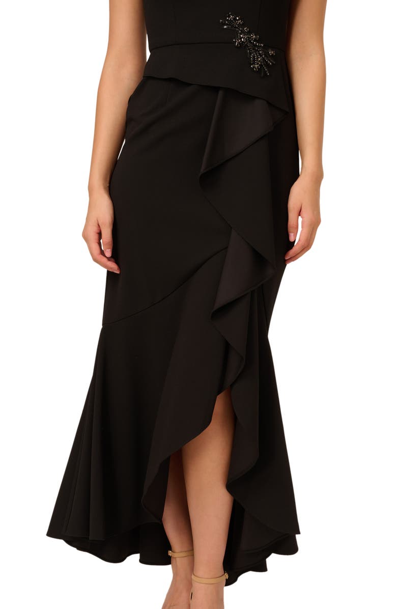 Adrianna Papell Beaded Appliqué Ruffle Crepe Gown, Alternate, color, Black