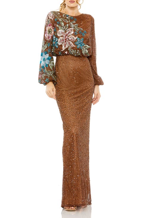 Floral Embellished Long Blouson Sleeve Sequin Column Gown
