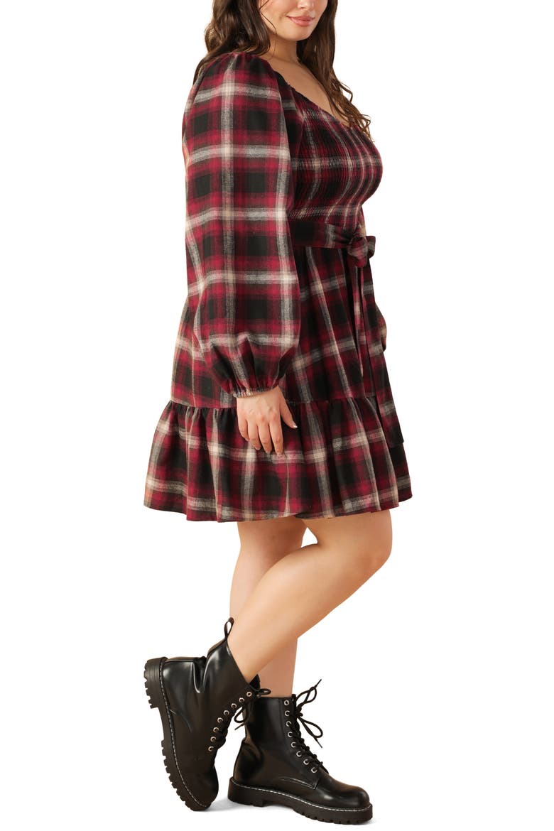 Smocked Plaid Minidress, Alternate, color, RED/ BLACK