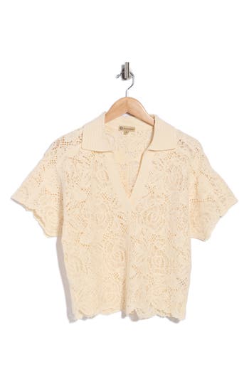 Democracy Short Sleeve Open Stitch Polo In Ecru