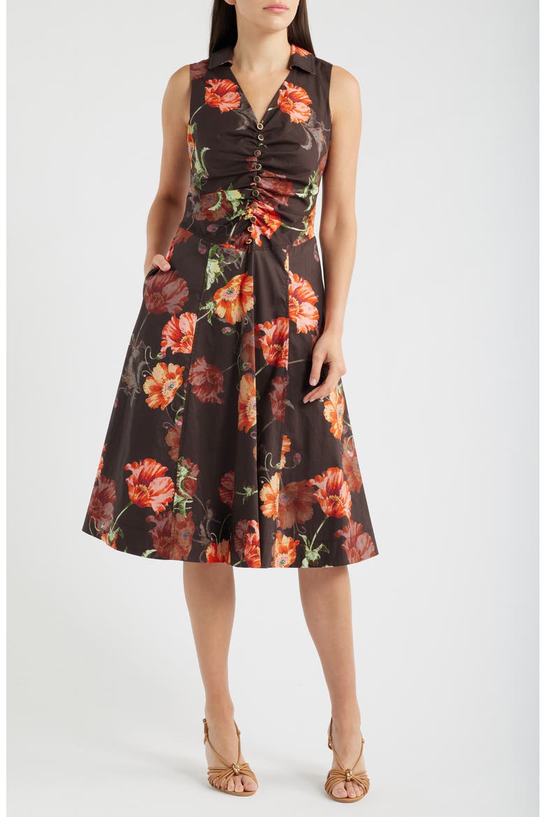 Shirred Bodice Sleeveless Stretch Cotton Midi Dress, Main, color, ESPRESSO FLORAL