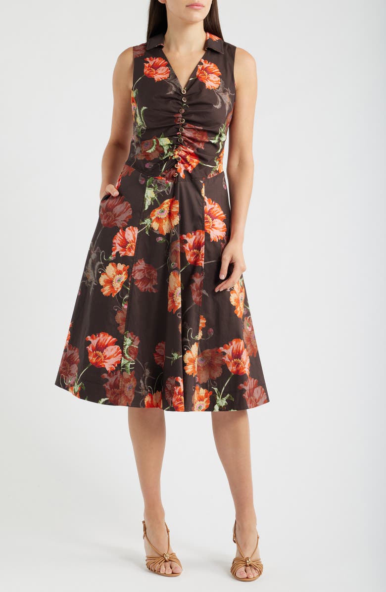 Tahari ASL Shirred Bodice Sleeveless Stretch Cotton Midi Dress, Main, color, Espresso Floral