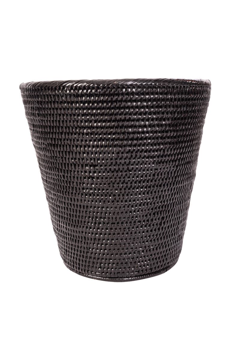 Artifacts Rattan Round Tapered Waste Basket with Metal Liner, Alternate, color, Tudor Black