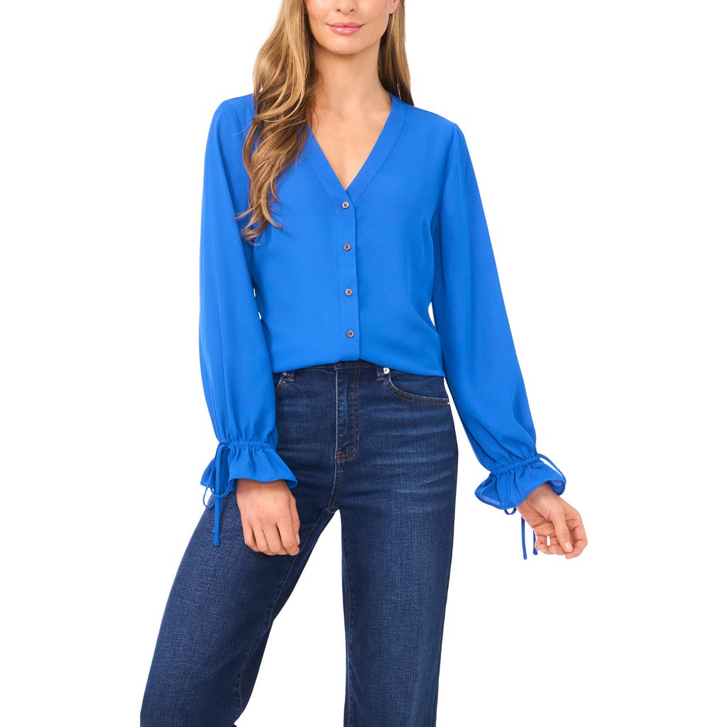 Cece Tie Cuff Button-up Top In Blue