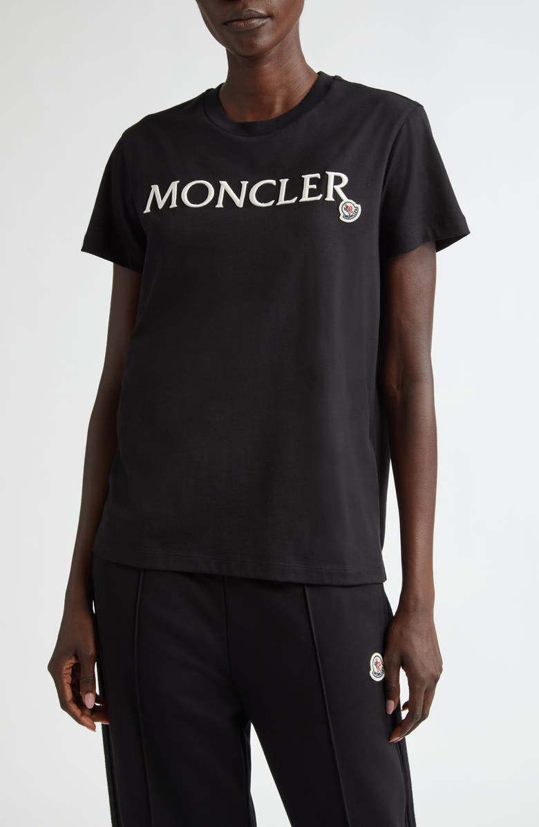 Moncler Logo Embroidered Cotton T-Shirt, Main, color, Black