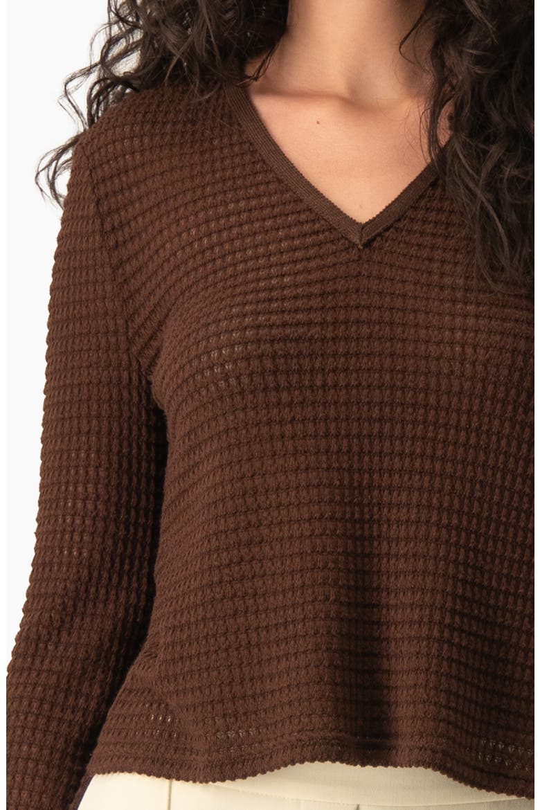Waffle-knit V-neck Flared Bell-sleeve Cropped Sweater, Alternate, color, Brown