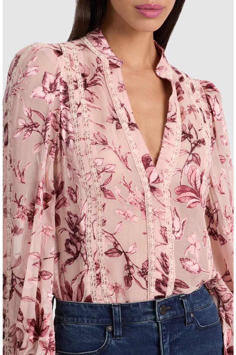 Arlette Lace Trim Floral Satin Burnout Shirt, Alternate, color, MYSTIC GARDEN ENGLISH ROSE