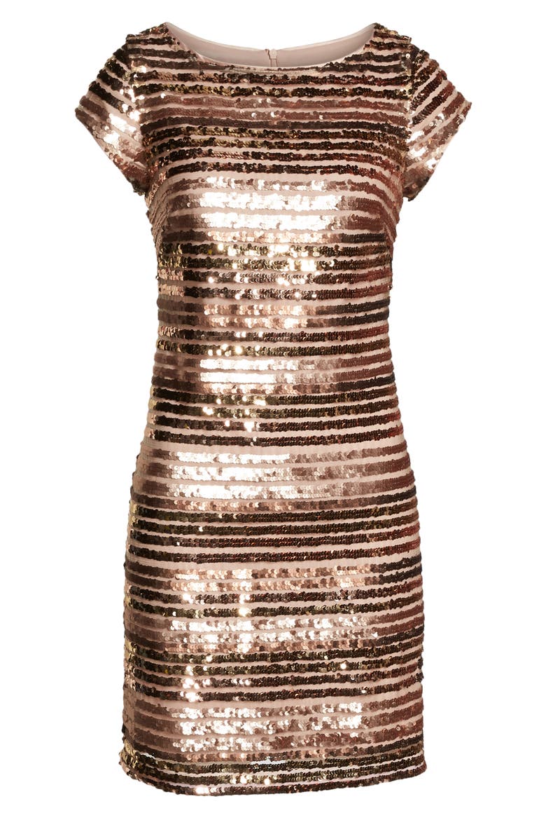 Cap Sleeve Sequin Stripe Dress, Alternate, color, NUDE
