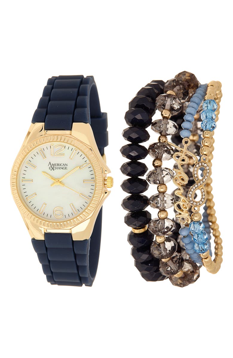 AMERICAN EXCHANGE Silicone Strap Watch & Bracelets Set, 38mm, Main, color, 