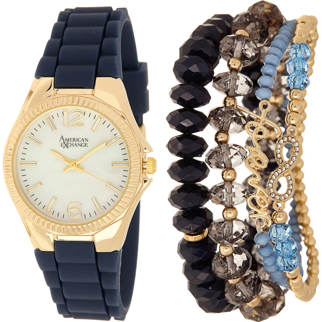 American Exchange Silicone Strap Watch & Bracelets Set, 38mm In Blue