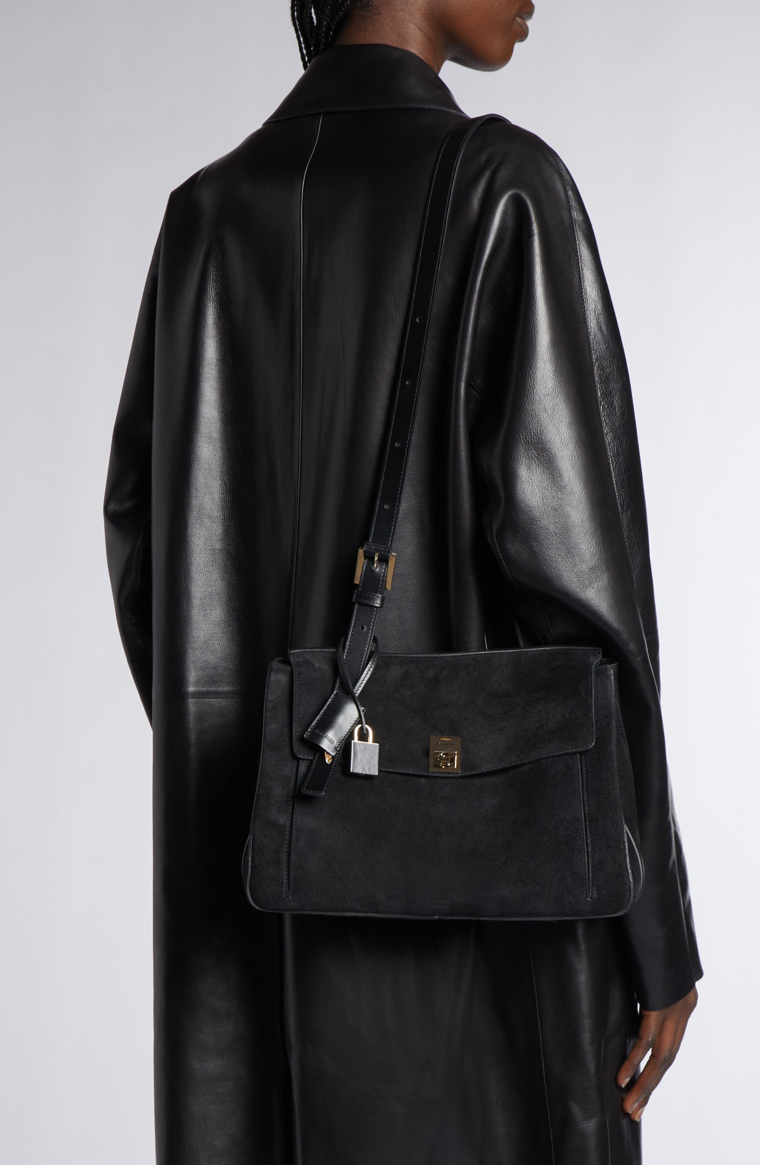 TOM FORD Medium Suede Besace Shoulder Bag, Alternate, color, Black