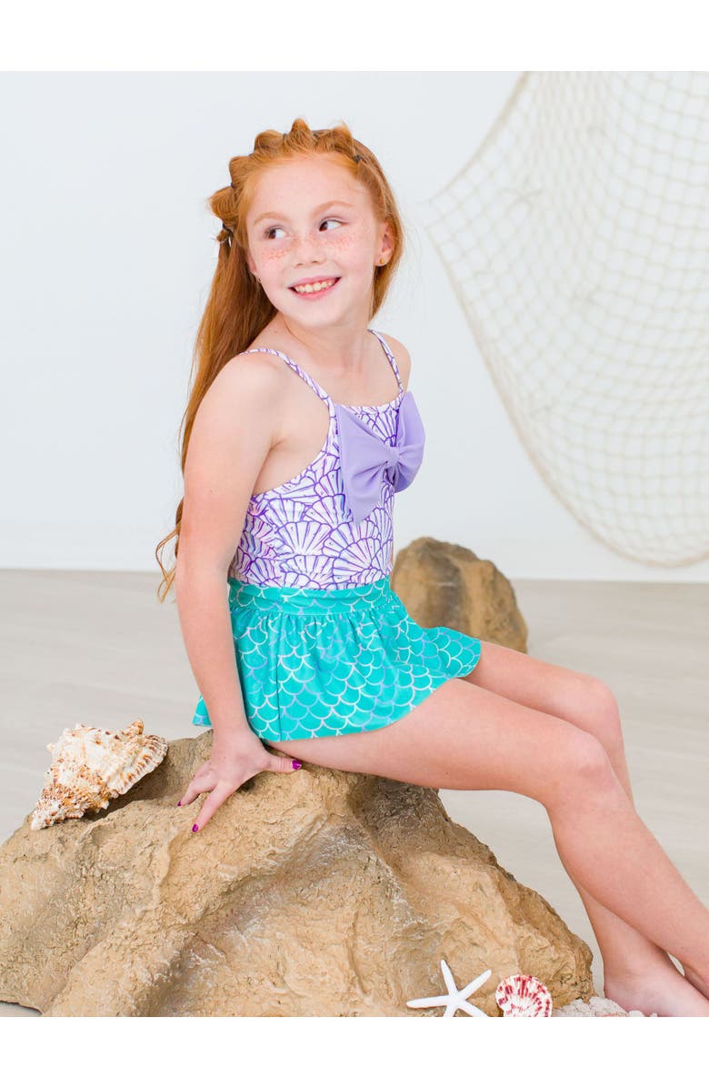 RuffleButts Girls UPF50+ Big Bow Skirted One Piece, Alternate, color, Magical Mermaid