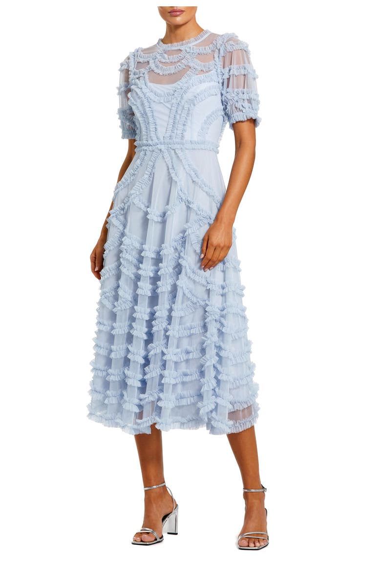 Mac Duggal High Neck Short Sleeve Ruffled Midi Dress, Main, color, Periwinkle