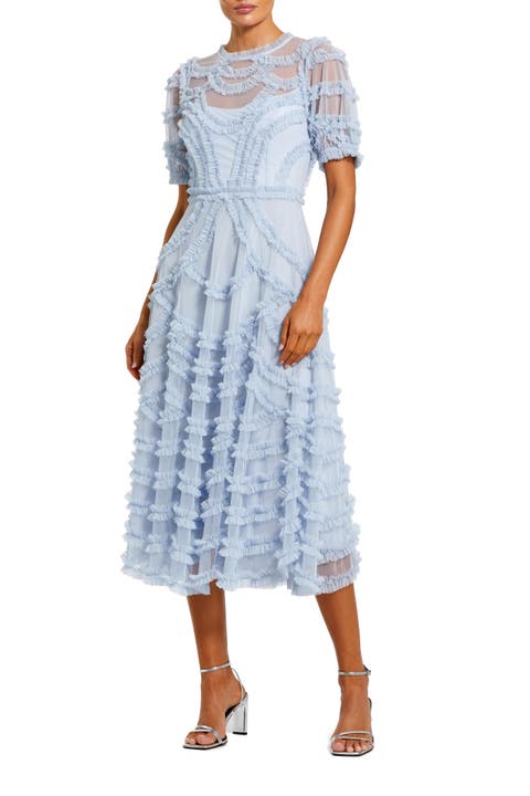 High Neck Short Sleeve Ruffled Midi Dress