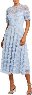 Mac Duggal High Neck Short Sleeve Ruffled Midi Dress