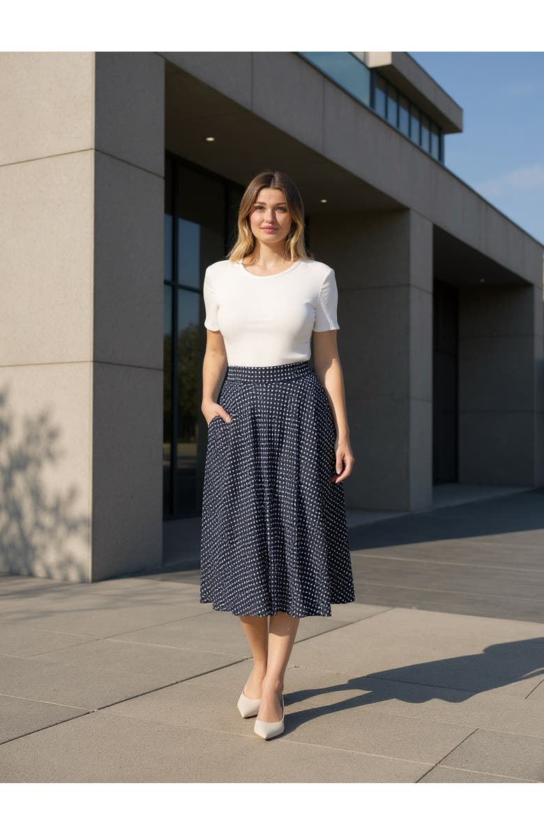 24seven Comfort Apparel Womens Polka Dot Elastic Waist Pocket A-Line Midi Skirt, Alternate, color, Navy Multi