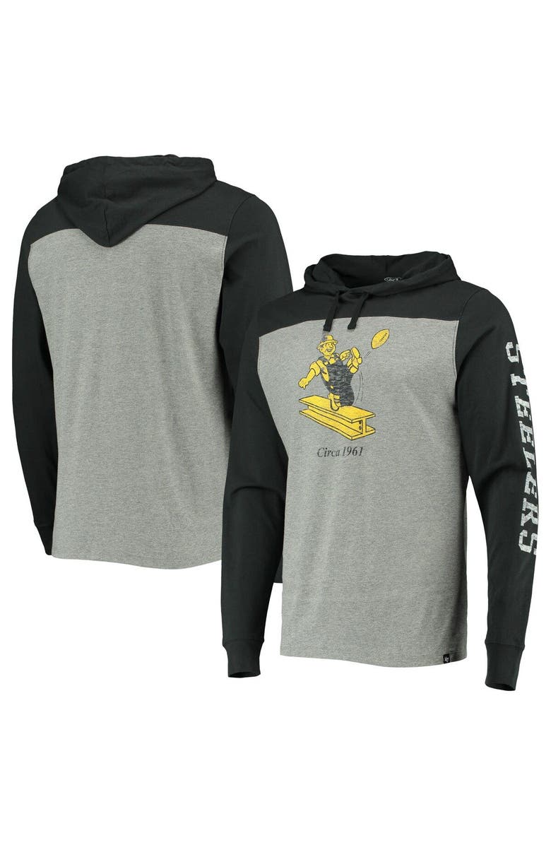 '47 Men's '47 Heathered Gray Pittsburgh Steelers Franklin Wooster Throwback Long Sleeve Hoodie T-Shirt, Main, color, Heather Gray