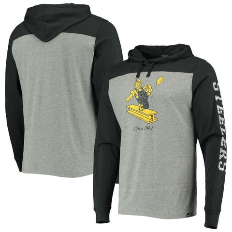 Men's '47 Heathered Gray Pittsburgh Steelers Franklin Wooster Throwback Long Sleeve Hoodie T-Shirt