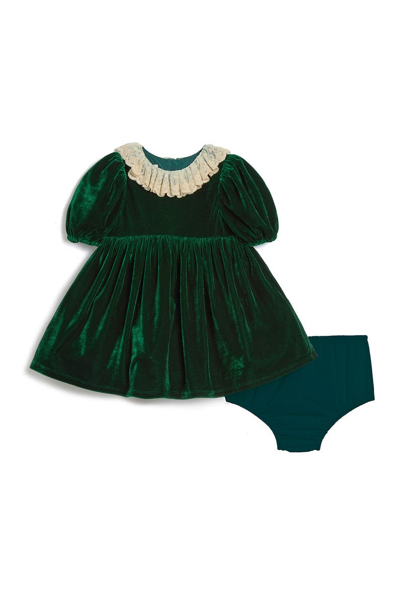 Pippa & Julie Lilia Velvet Collared Dress & Bloomers, Main, color, Green