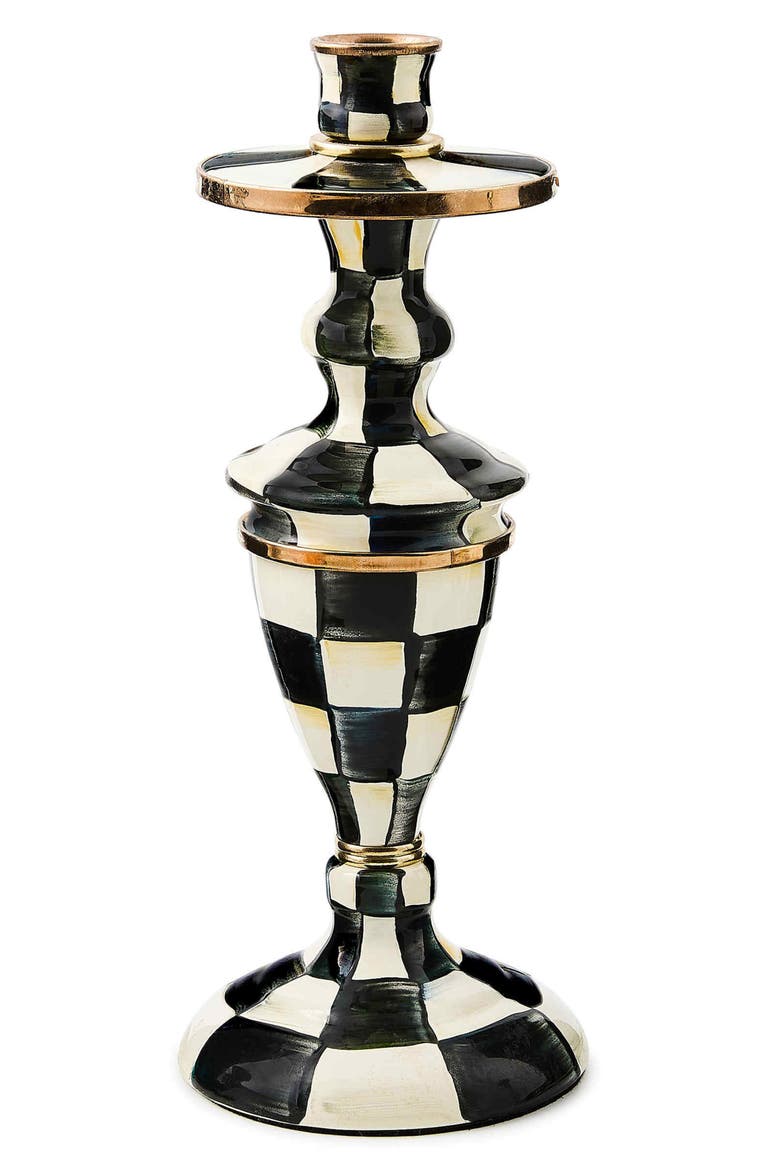 Courtly Check Medium Enameled Steel Candleholder, Main, color, BLACK/ WHITE