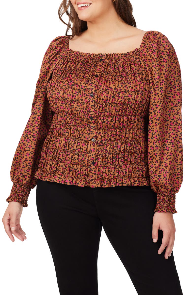 Foxcroft Olivia Cheetah Print Smocked Top, Main, color, Black Multi