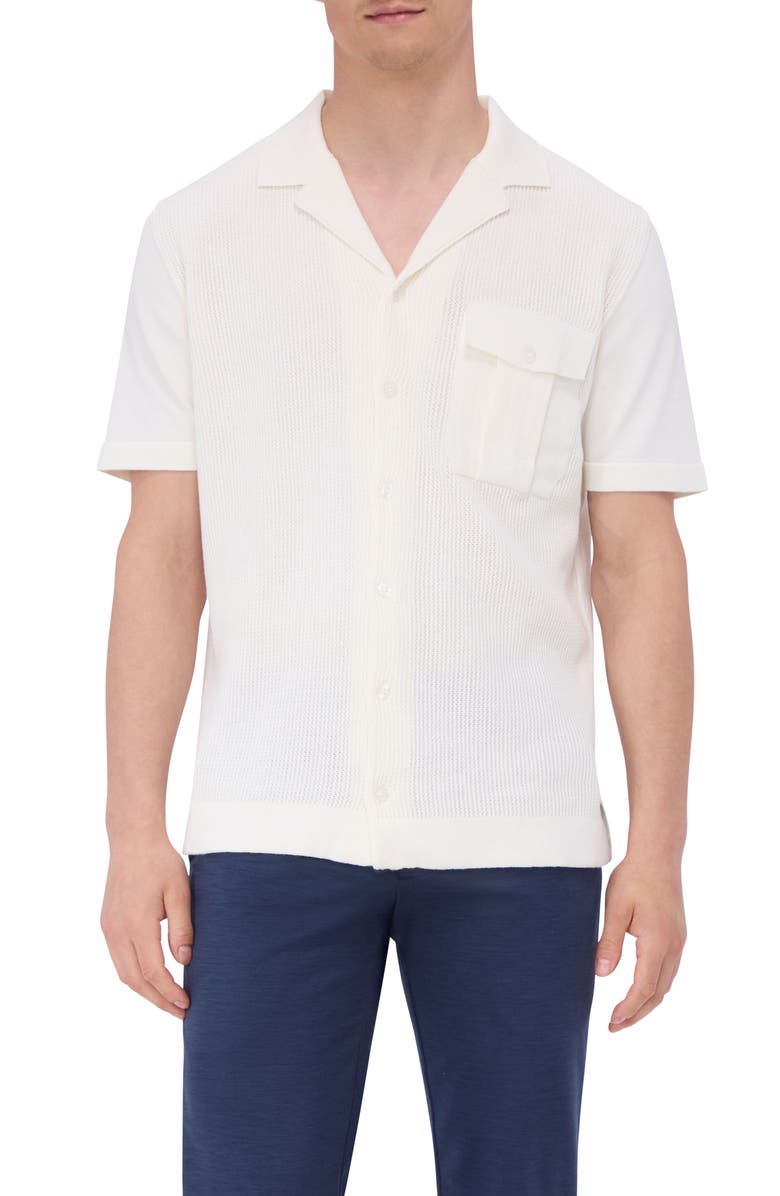 Bugatchi Camp Collar Short Sleeve Cotton & Silk Shirt Sweater, Main, color, Chalk