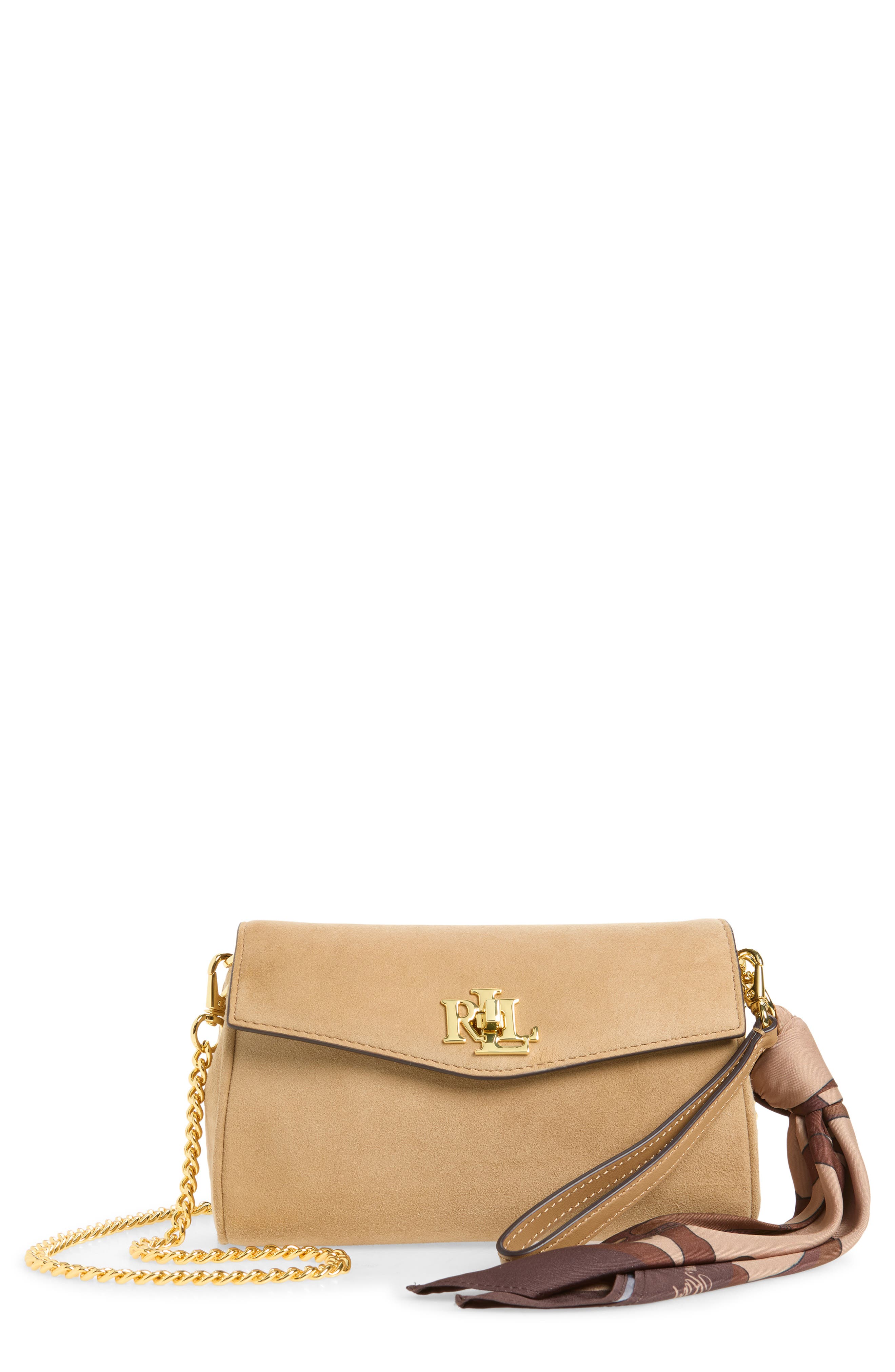 Small Suede Turnlock Crossbody Bag with Scarf, Main, color, CAMEL
