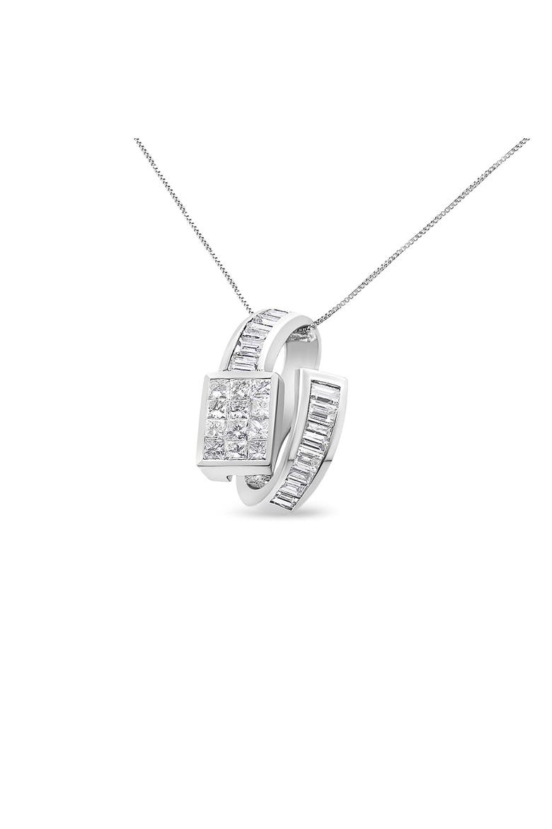 14K White Gold 2 cttw Princess and Baguette Cut Diamond Double Loop Pendant Necklace, Main, color, White