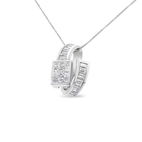 14K White Gold 2 cttw Princess and Baguette Cut Diamond Double Loop Pendant Necklace
