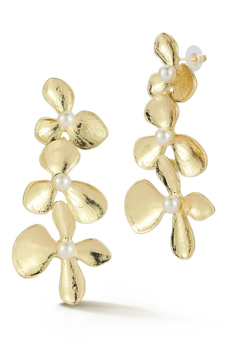 Faux Pearl Flower Drop Earrings, Main, color, GOLD