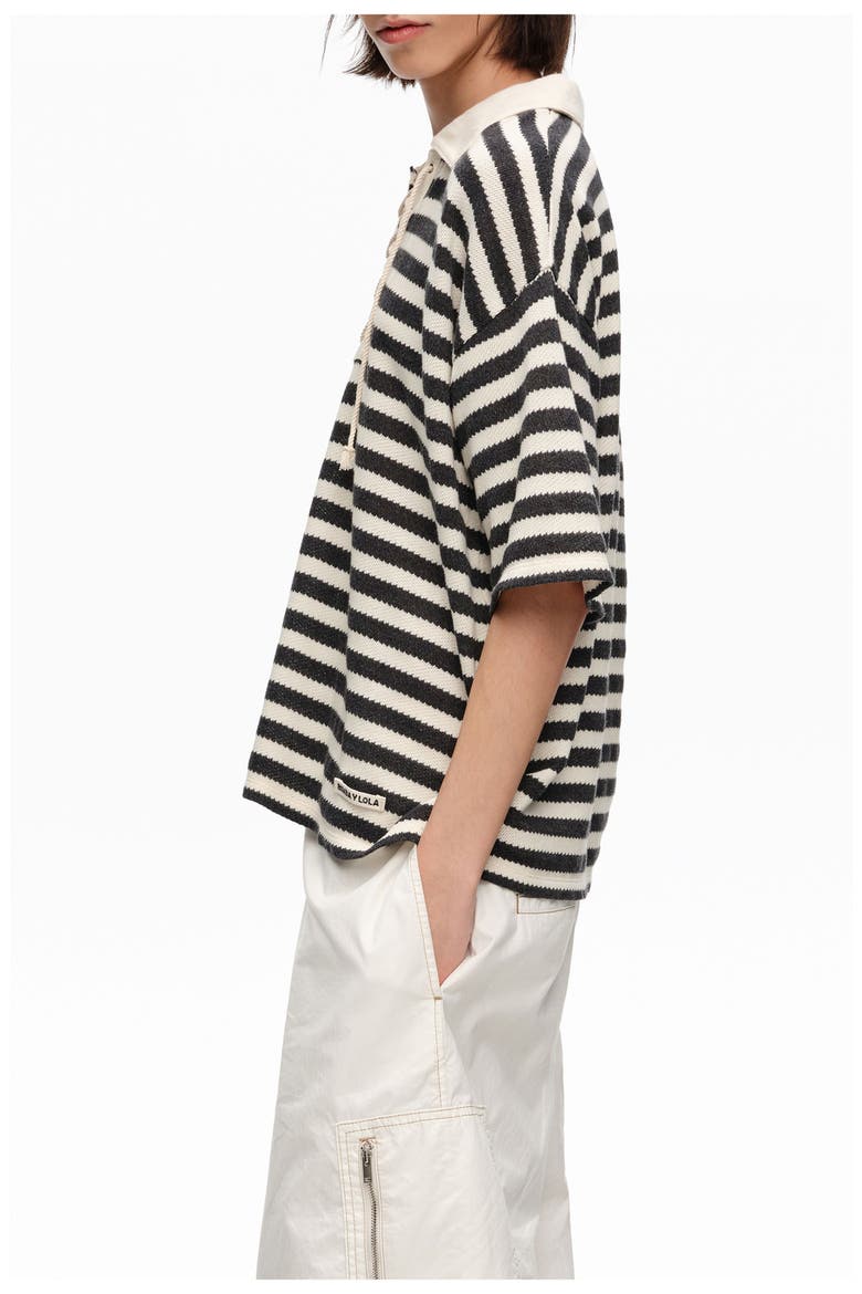 Striped T-Shirt With Adjustable Polo Shirt Collar, Alternate, color, BLACK