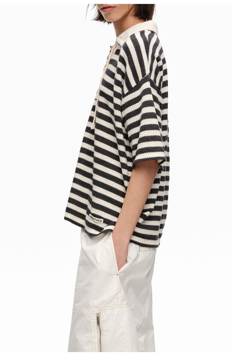 Bimba y Lola Striped T-Shirt With Adjustable Polo Shirt Collar, Alternate, color, Black