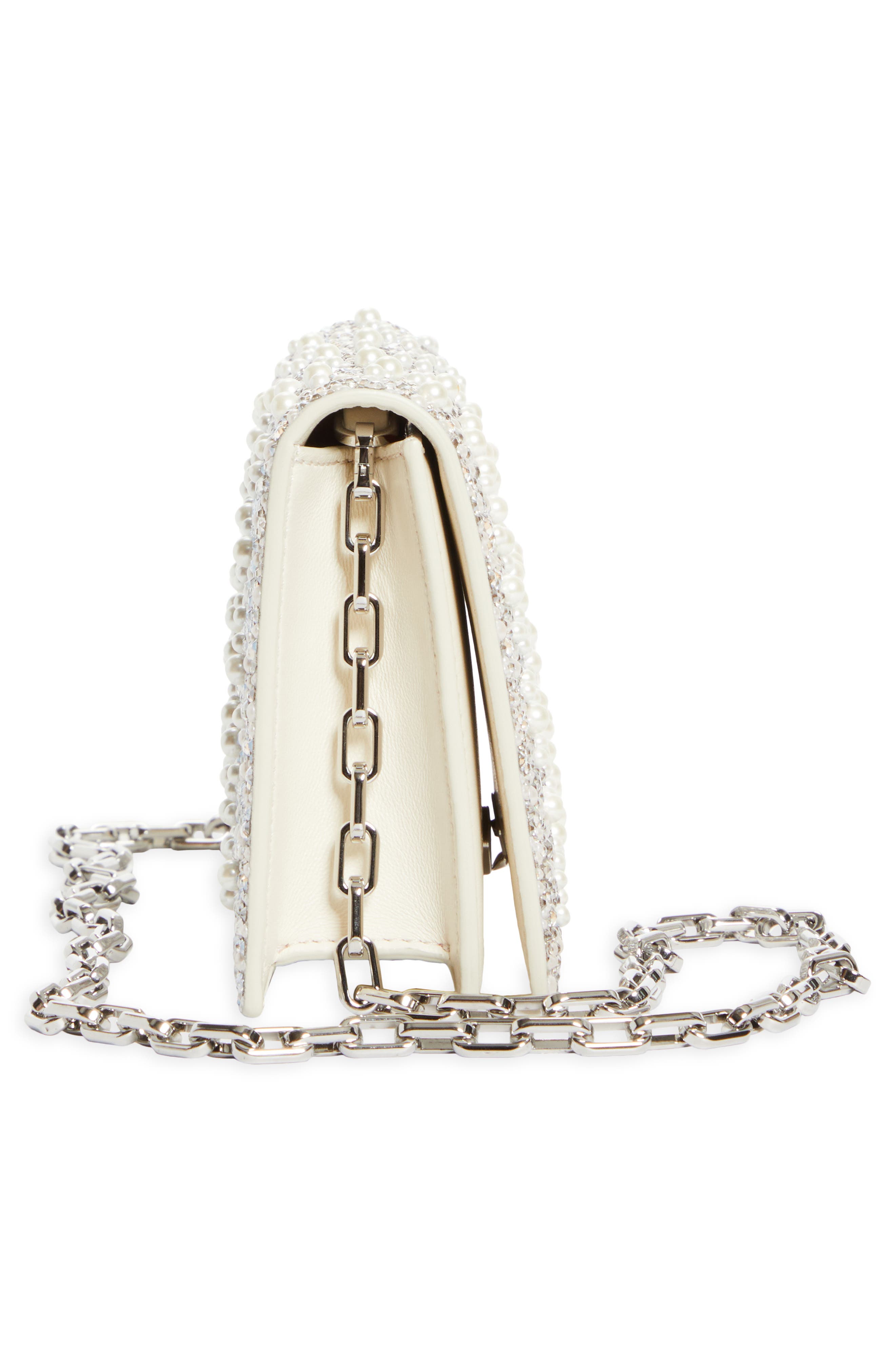 Christian Louboutin Bettina Crystal & Faux Pearl Embellished Suede Clutch, Alternate, color, Silver