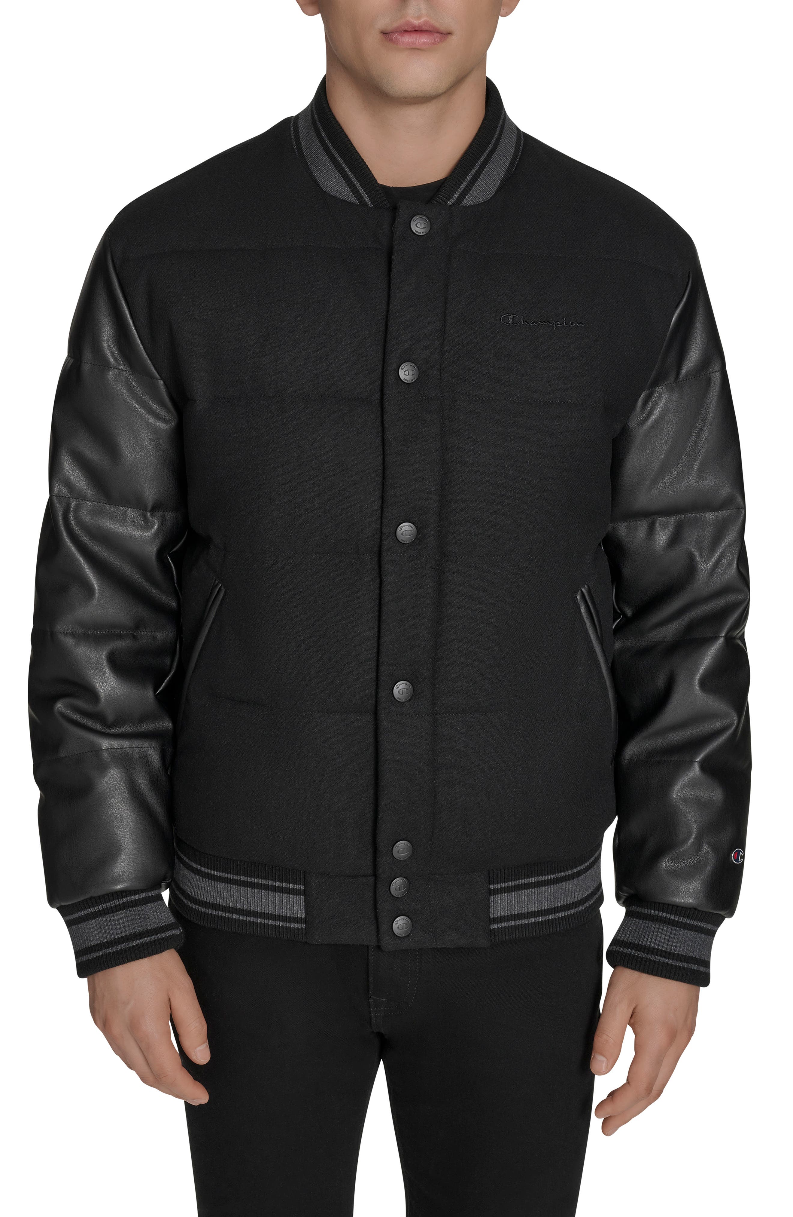 Mixed Media Varsity Puffer Jacket