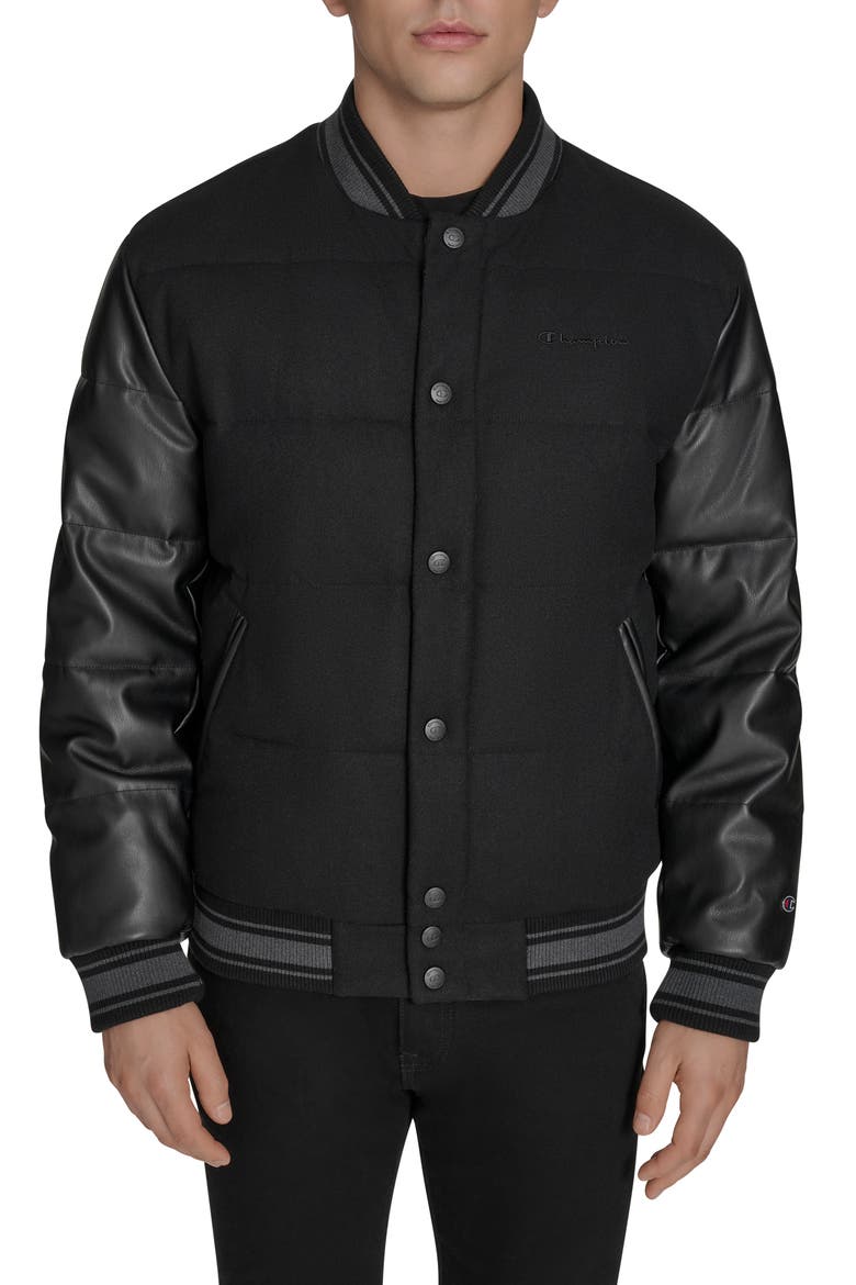 Mixed Media Varsity Puffer Jacket, Main, color, BLACK