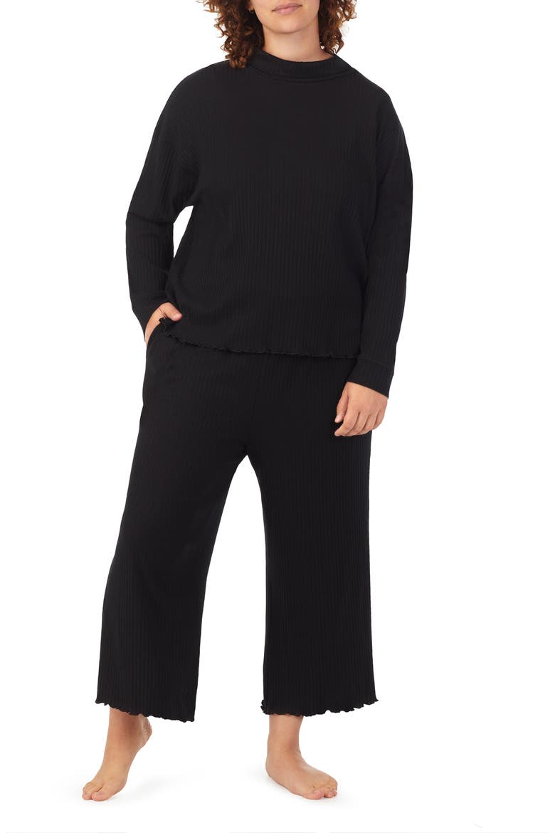 Rib Mock Neck Crop Pajamas, Alternate, color, BLACK