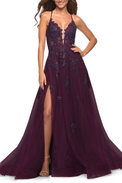 Tulle A-line Dress with Jeweled Lace Appliques